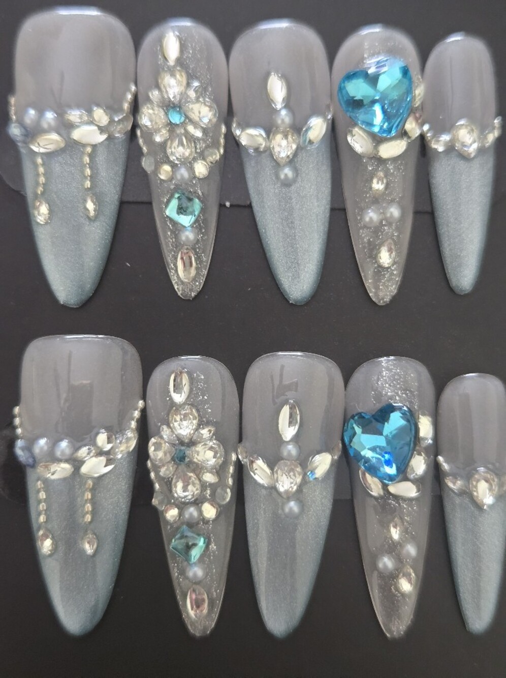 Hand Crafted Gray Press-On Nail Set with Teal Crystal Accents